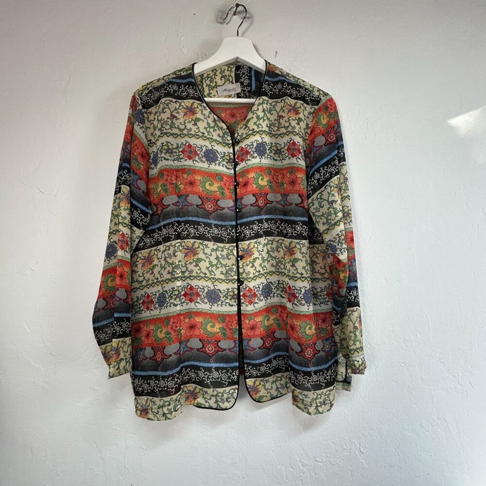 Mizpah Womens Floral Silk Blend Button Down Long Sleeve Shirt Top Multicolor
